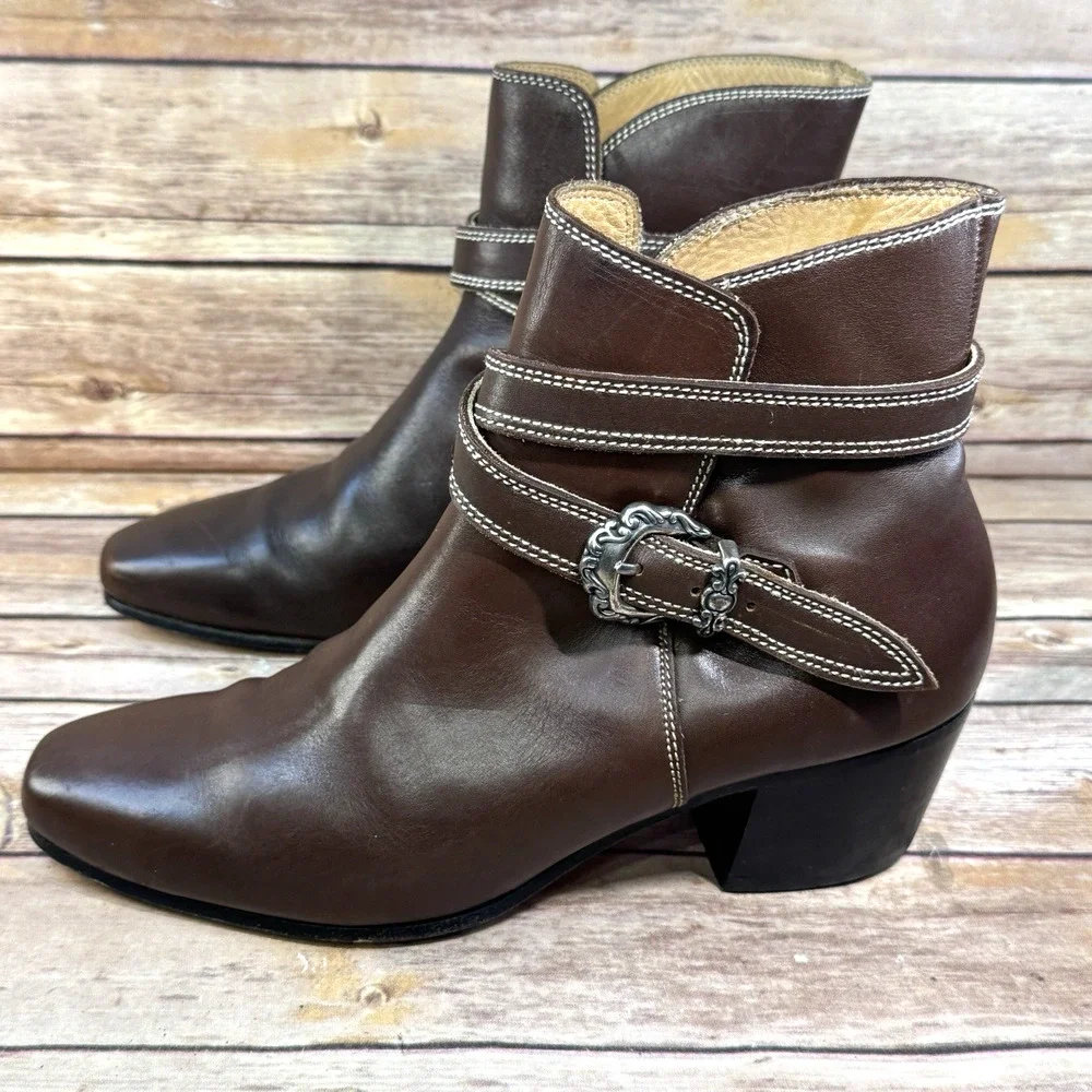 Womens Brown Leather Block Heel Ankle Strap Silver Buckle Ankle Boots 8.5